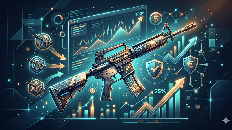 Современная иллюстрация эксклюзивных скинов для M4A4 для статьи об инвестициях в игровые предметы