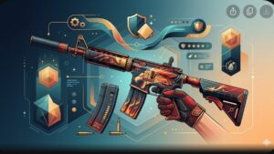 Коллаж с эксклюзивными скинами для M4A4 и подходящими перчатками в современном стиле